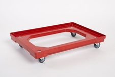 Plastový vozík pod přepravky, 4 otočná 50 mm polyuretanová kolečka, červený