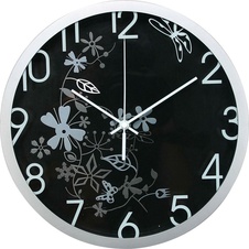 Nástěnné hodiny s květinovým motivem, černo-stříbrné