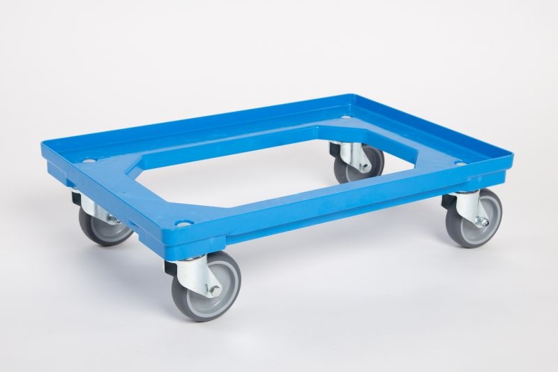 Plastový vozík pod přepravky, 4 otočná 100 mm gumová kolečka, modrý
