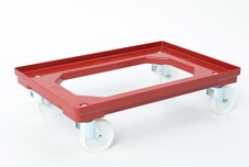 Plastový vozík pod přepravky, 4 otočná 100 mm polyamidová kolečka, červený