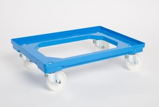 Plastový vozík pod přepravky, 4 otočná 100 mm polyamidová kolečka, modrý