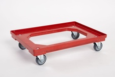 Plastový vozík pod přepravky, 4 otočná 75 mm polyuretanová kolečka, červený
