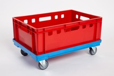 Plastový vozík pod přepravky, 4 otočná 75 mm polyuretanová kolečka, modrý