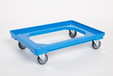 Plastový vozík pod přepravky, 2 otočná 75 mm polyuretanová kolečka, modrý