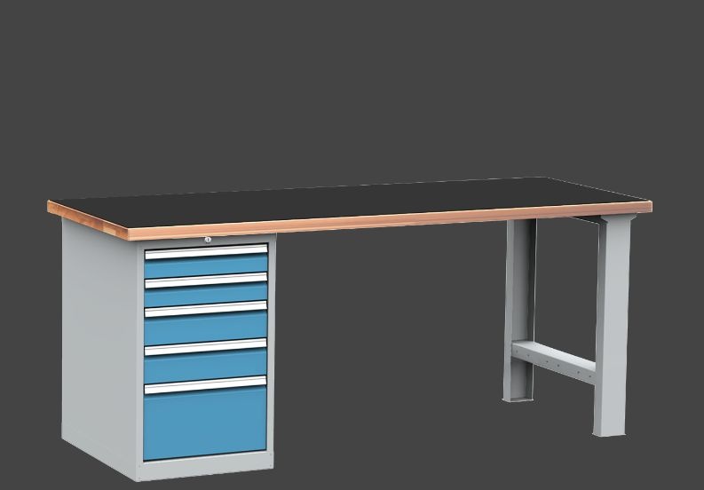 KOVOS dílenský stůl DPS 2323 s hladkou pogumovanou pracovní deskou, kontejner