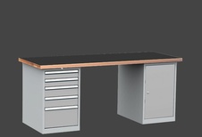 Dílenský stůl DPS 2323 s hladkou pogumovanou pracovní deskou, kontejner a skříňka - 1