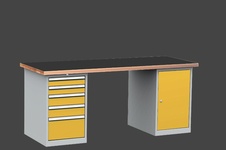 Dílenský stůl DPS 2323 s hladkou pogumovanou pracovní deskou, kontejner a skříňka - 2