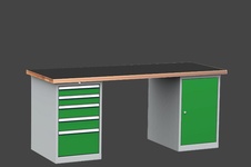 Dílenský stůl DPS 2323 s hladkou pogumovanou pracovní deskou, kontejner a skříňka