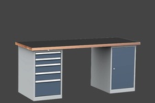Dílenský stůl DPS 2323 s hladkou pogumovanou pracovní deskou, kontejner a skříňka - 5