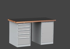 Dílenský stůl DPS 1423 s vroubkovanou pogumovanou pracovní deskou, kontejner a skříňka