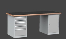 Dílenský stůl DPS 2423 s vroubkovanou pogumovanou pracovní deskou, kontejner a skříňka