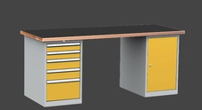 Dílenský stůl DPS 2423 s vroubkovanou pogumovanou pracovní deskou, kontejner a skříňka