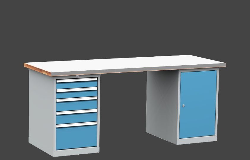 KOVOS dílenský stůl DPS 2623 s oplechovanou pracovní deskou, kontejner a skříňka
