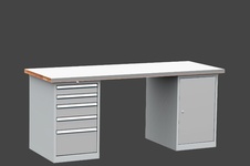 Dílenský stůl DPS 2623 s oplechovanou pracovní deskou, kontejner a skříňka - 1