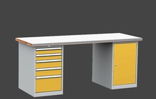 Dílenský stůl DPS 2623 s oplechovanou pracovní deskou, kontejner a skříňka