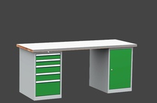 Dílenský stůl DPS 2623 s oplechovanou pracovní deskou, kontejner a skříňka - 4