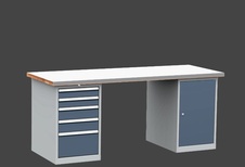 Dílenský stůl DPS 2623 s oplechovanou pracovní deskou, kontejner a skříňka - 5