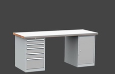 Dílenský stůl DPS 2723 s oplechovanou nerezovou pracovní deskou, kontejner a skříňka