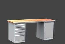 Dílenský stůl DPS 2923 s oplechovanou přední hranou desky, kontejner a skříňka
