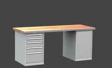 Dílenský stůl DPS 2A23 s oplechovanou nerezovou přední hranou desky, kontejner a skříňka