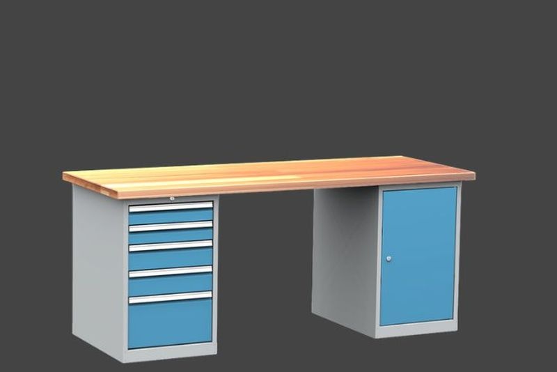 KOVOS dílenský stůl DPS 2B23 s bukovou spárovkou 50 mm, kontejner a skříňka