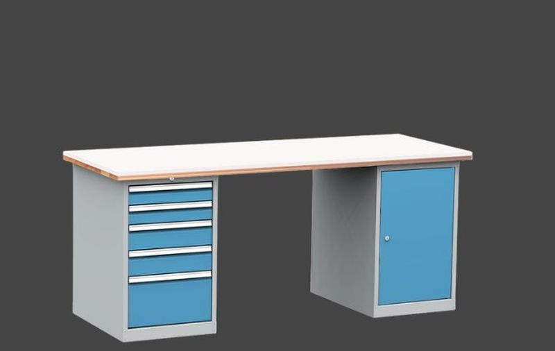 KOVOS dílenský stůl DPS 2C23 s bukovou spárovkou a PP deskou, kontejner a skříňka