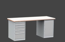 Dílenský stůl DPS 2C23 s bukovou spárovkou a PP deskou, kontejner a skříňka
