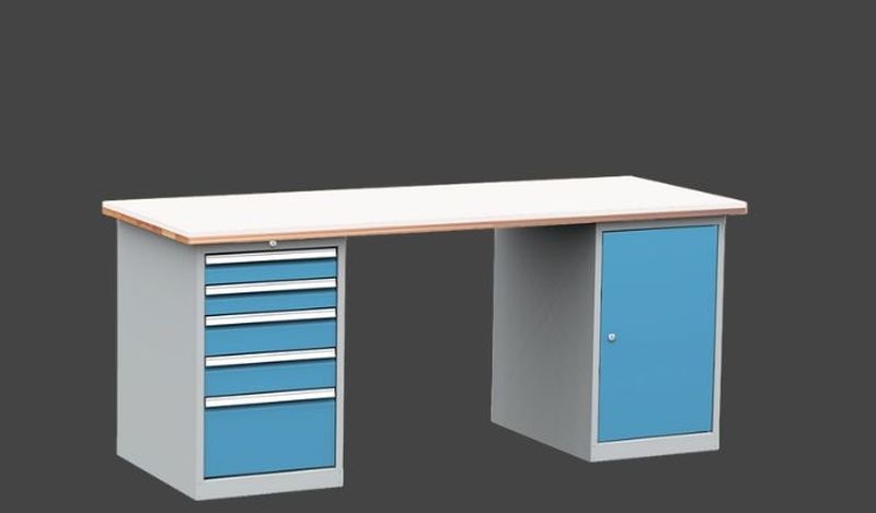 KOVOS dílenský stůl DPS 2D23 s bukovou spárovkou a PE deskou, kontejner a skříňka