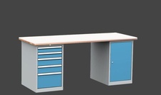 Dílenský stůl DPS 2D23 s bukovou spárovkou a PE deskou, kontejner a skříňka