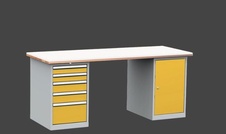 KOVOS dílenský stůl DPS 2D23 s bukovou spárovkou a PE deskou, kontejner a skříňka