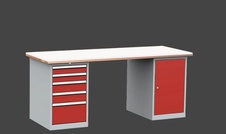 Dílenský stůl DPS 2D23 s bukovou spárovkou a PE deskou, kontejner a skříňka