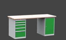 KOVOS dílenský stůl DPS 2D23 s bukovou spárovkou a PE deskou, kontejner a skříňka