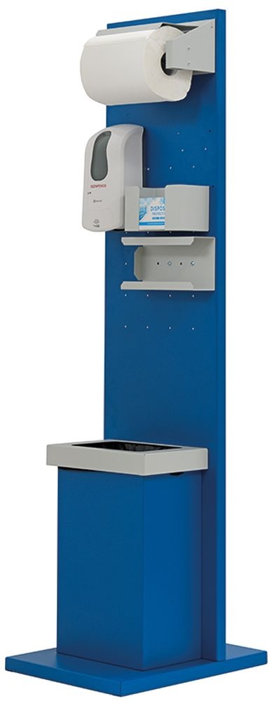Hygienický stojan s automatickým dávkovačem, košem a přihrádkami, šedo/černý