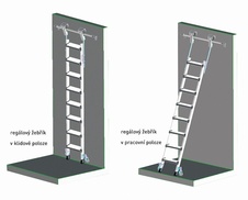 Závěsný regálový žebřík se šroubovými stupni COMFORTSTEP TREC LH pojízdný, délka 1,84-2,08 m