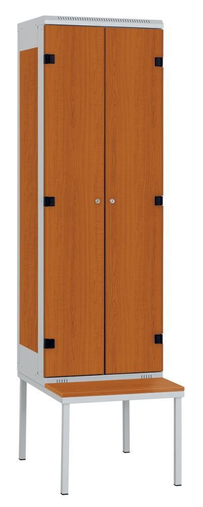 Šatní skříň 2-dveřová s lavicí, kov-lamino T1970, šedá - třešeň
