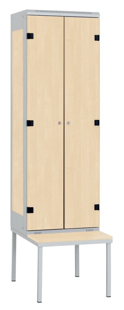 Šatní skříň 2-dveřová s lavicí, kov-lamino T2195, šedá - bříza
