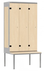 Šatní skříň 3-dveřová s lavicí, kov-lamino T1970, šedá - bříza