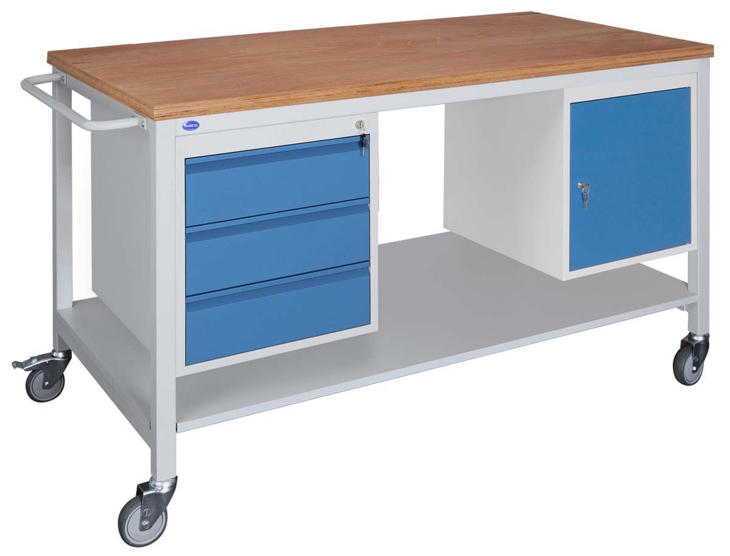 Pojízdný montážní stůl 150x80 cm s kontejnery Z3 a D1, buková překližka