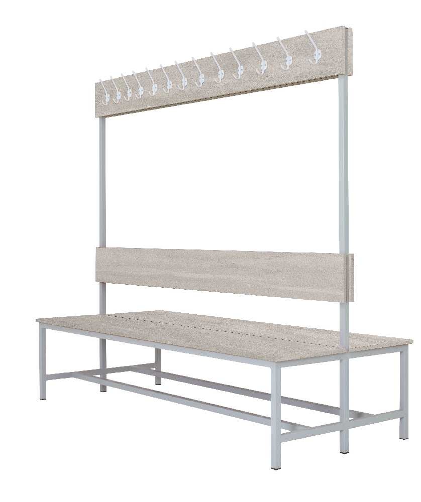 Šatní lavice oboustranná s 20 věšáky kov-lamino, délka 1500 mm, šedá - beton