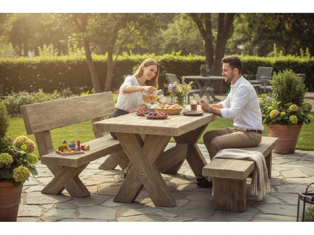 Betonový zahradní set v imitaci dřeva, délka 1200 mm